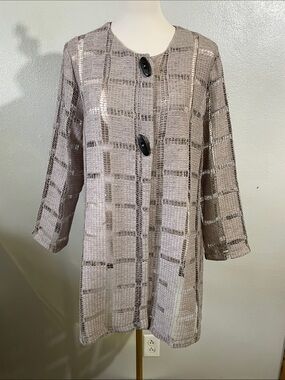 Artwear Textured Grid Woven Button Jacket Beige Open Front Medium Yushi Cardigan